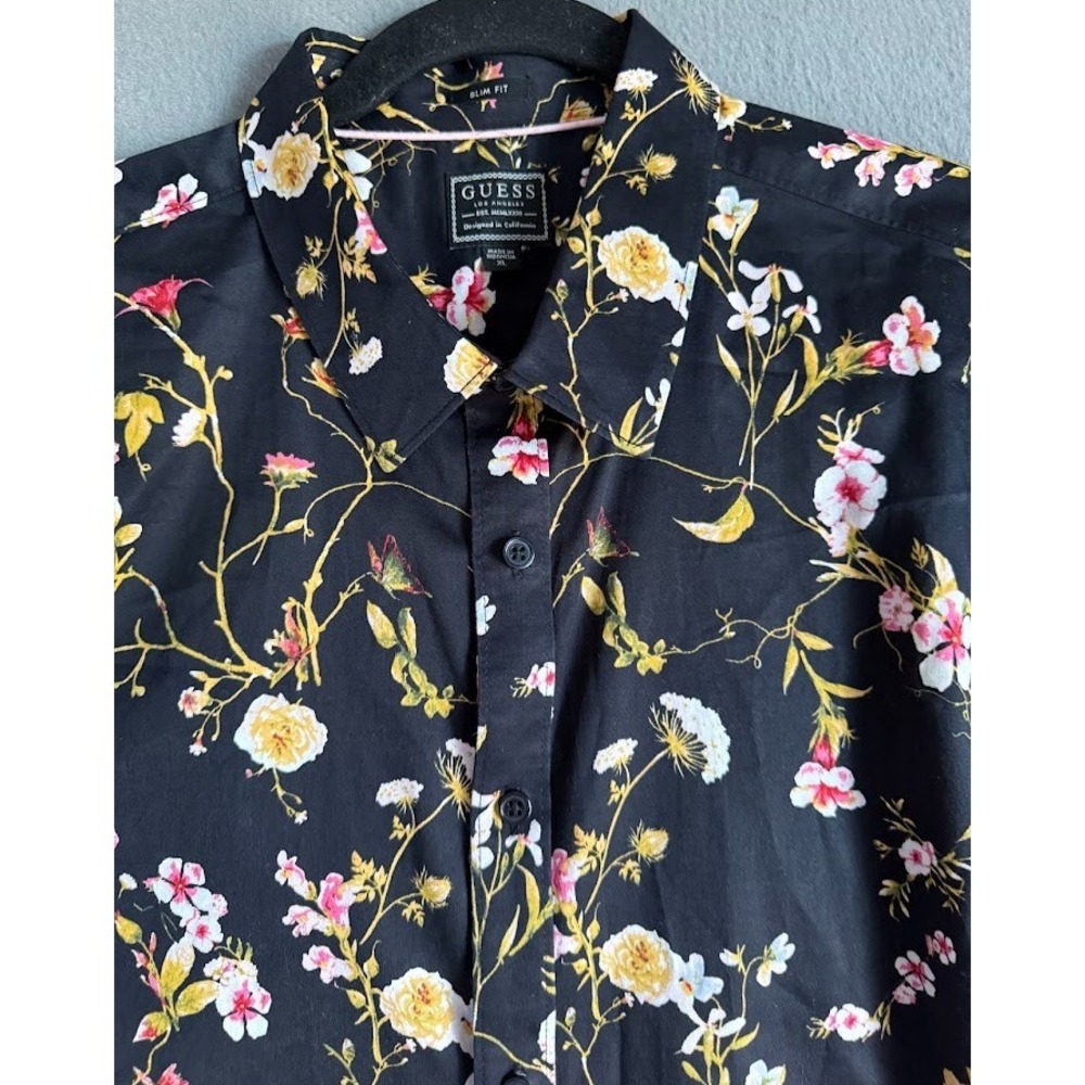 Guess Los Angeles Dress Shirt Men XL Black‎ Floral Slim Fit Long Sleeve Buttons - Picture 3 of 16